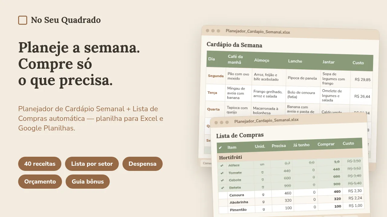 Planejador de Cardápio Semanal + Lista de Compras do No Seu Quadrado aberto no computador e no celular